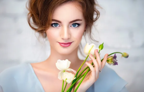 Picture girl, flowers, smile, makeup