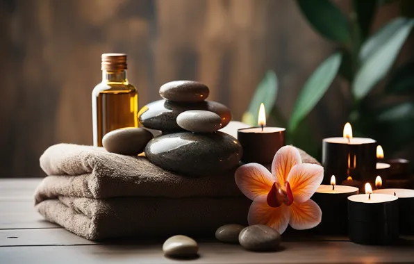 Flowers, pebbles, stones, candles, still life, towels, Orchid, bottle