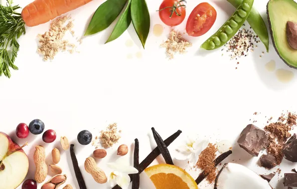Berries, Apple, orange, chocolate, coconut, peas, fruit, banana