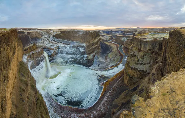 Ice, golden, panorama, winter, canyon, palouse falls