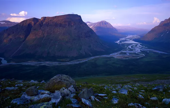 Picture mountains, river, stones, valley, Sweden, Sweden, Sarek National Park, Rapa River