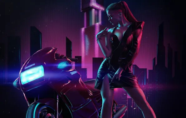 Girl, Night, Music, Neon, Style, Girl, Motorcycle, Fantasy