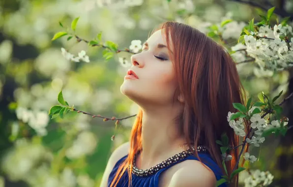 Picture girl, the sun, spring, flowering, Thank