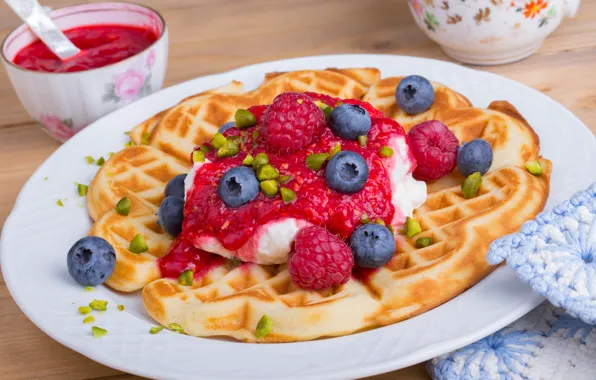 Raspberry, Breakfast, blueberries, ice cream, nuts, waffles, jam, nuts
