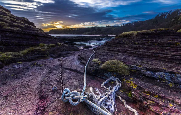 Picture sea, sunset, coast, chain, rope, CA, USA, the cable