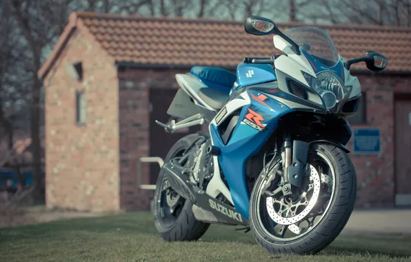 Trees, blue, the building, motorcycle, suzuki, blue, Suzuki, gsx-r750