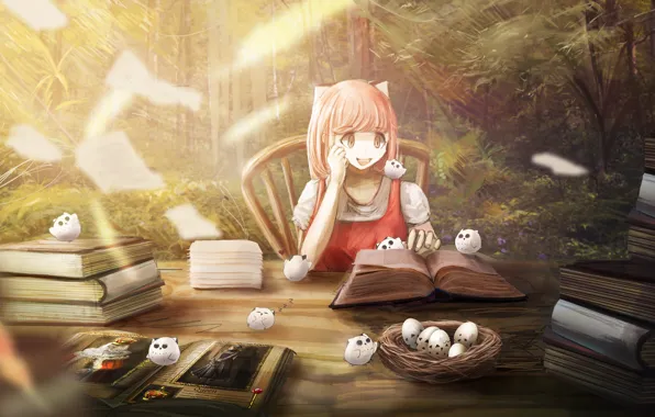 Picture forest, nature, table, socket, girl, book, owlet
