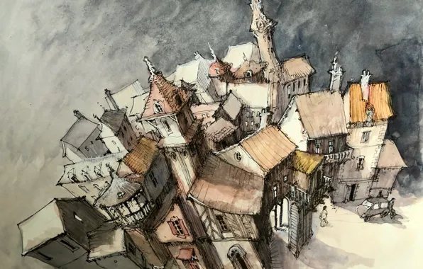 The city, figure, home, tale, watercolor