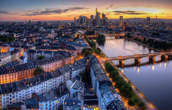 Bridge, the city, lights, river, the evening, Germany, Frankfurt am main