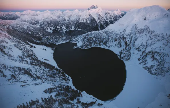 Winter, snow, mountains, lake, Alps, forest