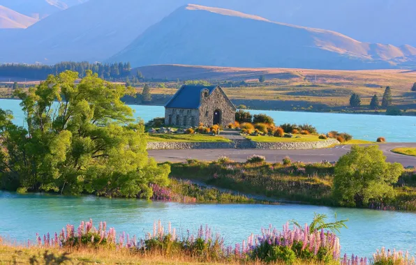 Picture mountains, lake, chapel, New Zealand, Lake Tekapo