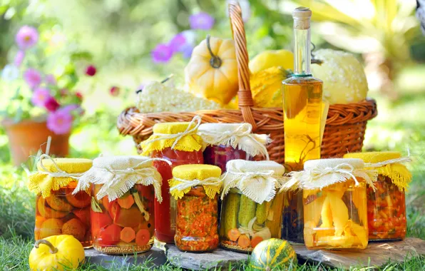 Flowers, basket, oil, jars, pumpkin, tomatoes, bottle, pickles