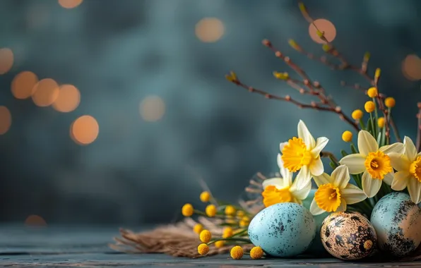Flowers, holiday, eggs, spring, Easter, daffodils, painted, eggs