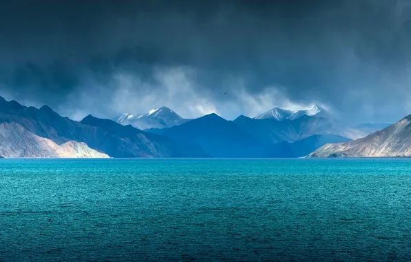 Clouds, lake, rain, India, Jammu and Kashmir, Pangong, Ladakh