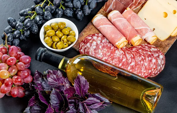 Wine, bottle, cheese, grapes, olives, sausage, bacon