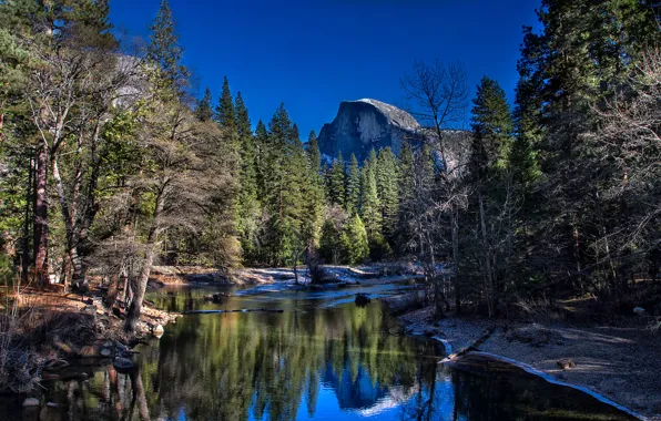 Picture forest, trees, mountains, river, CA, USA, Yosemite National Park