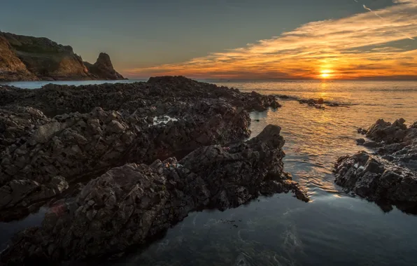 Picture sea, the sky, the sun, clouds, landscape, sunset, nature, stones