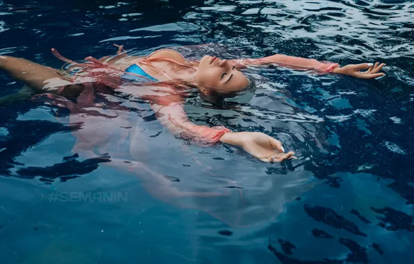 Water, girl, pose, pool, hands, closed eyes, Alexander Semanin