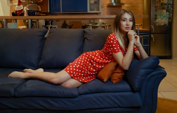 Picture look, girl, pose, sofa, polka dot, hands, dress, legs