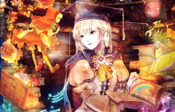 Girl, flowers, magic, books, rainbow, little red riding hood, library, art