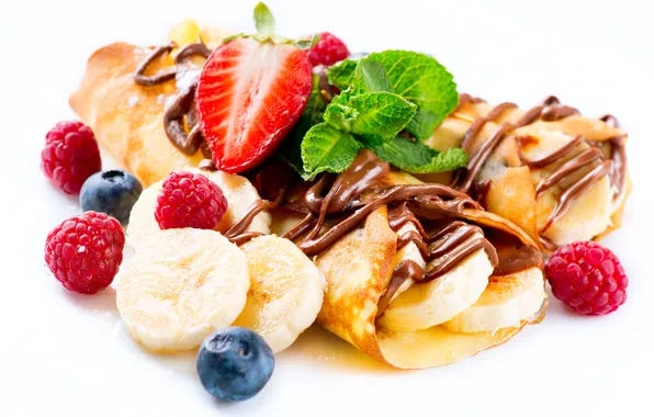 Picture berries, chocolate, bananas, fruit, pancakes, dessert, sweet