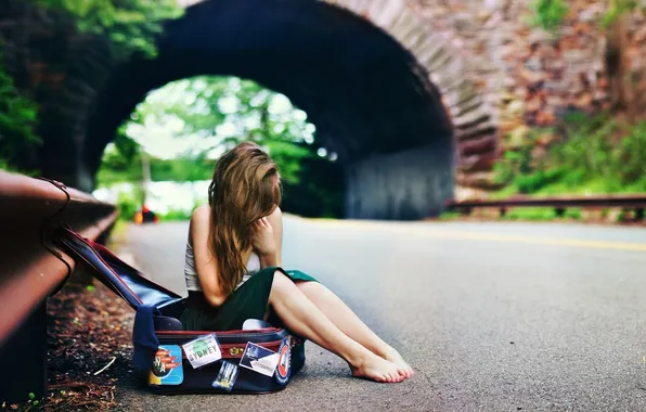 Picture road, asphalt, girl, hair, barefoot, arch, suitcase, sitting