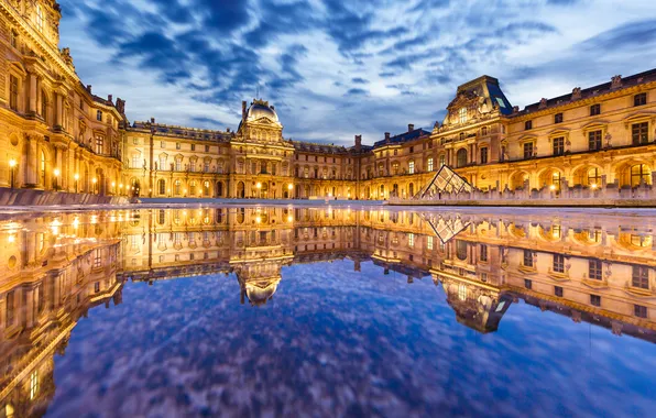 Water, reflection, France, Paris, the building, The Louvre, Paris, Museum