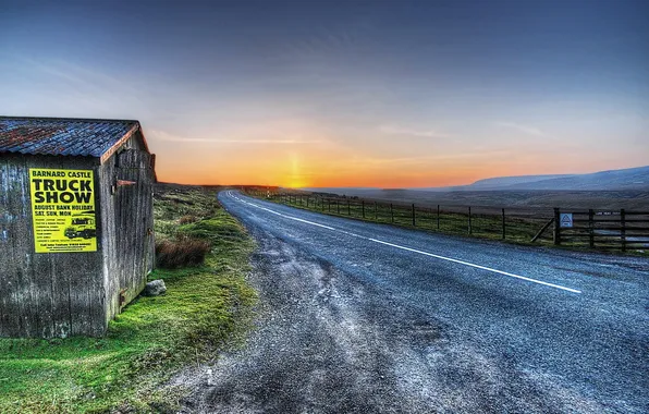 Picture road, landscape, sunset, house, HDR