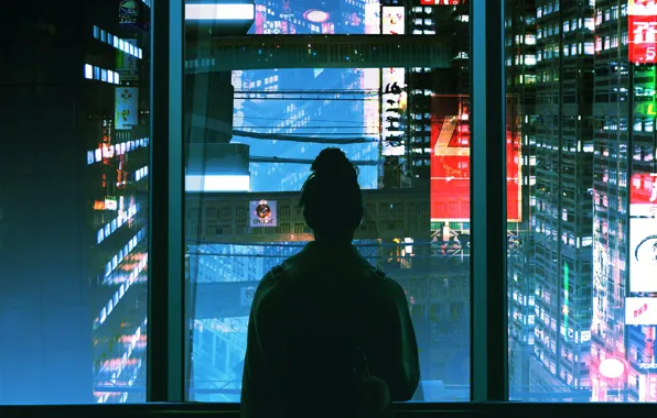 Girl, Night, The city, Neon, Style, Girl, Silhouette, City