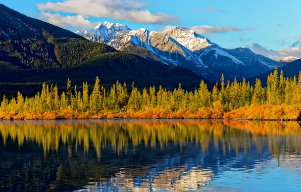 Autumn, forest, clouds, light, snow, mountains, lake, reflection
