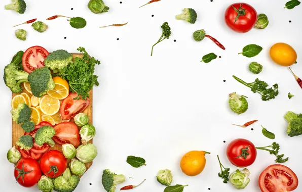 Lemon, vegetables, tomatoes, cabbage, broccoli
