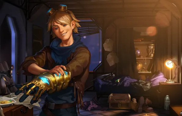Night, room, lamp, sword, guy, glove, Ezreal, Legends of Runeterra