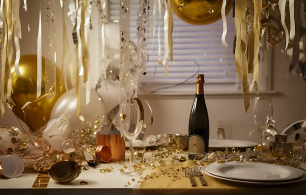 Tape, balloons, table, wine, glass, bottle, window, Christmas