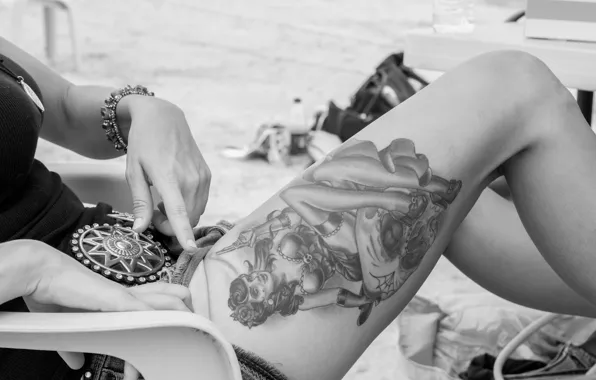 Legs, tattoo, black and white, female