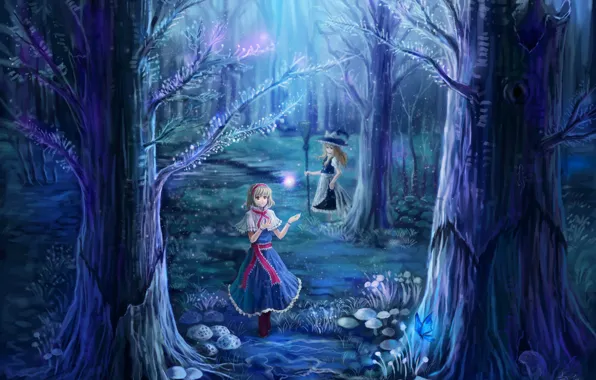 Forest, trees, night, nature, girls, branch, magic, butterfly