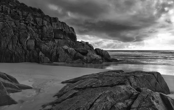 Sea, water, clouds, stones, the ocean, rocks, shore, black and white