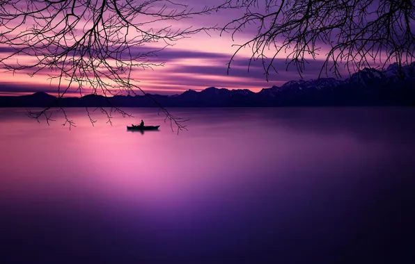 Picture landscape, sunset, mountains, lake, twilight