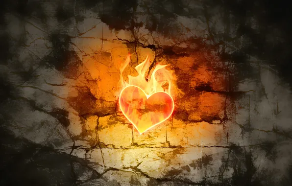 Light, cracked, wall, flame, heart