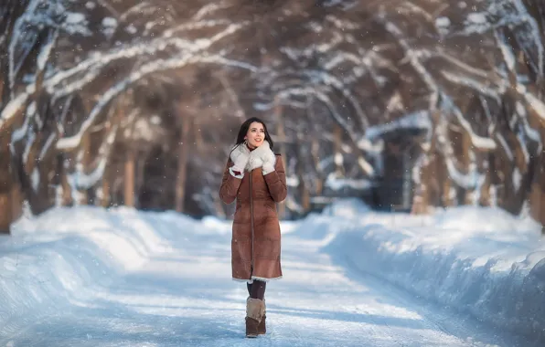 Picture winter, road, girl, the sun, snow, pose, bokeh, Anastasia Barmina
