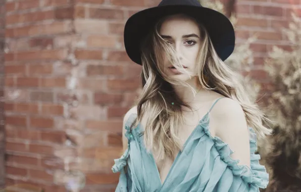 Picture girl, wall, street, dress, blonde, hat, long hair