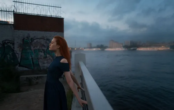 Girl, bridge, city, graffiti, model, dress, relax, Bay