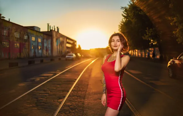 Picture road, the sky, the sun, trees, machine, pose, model, rails