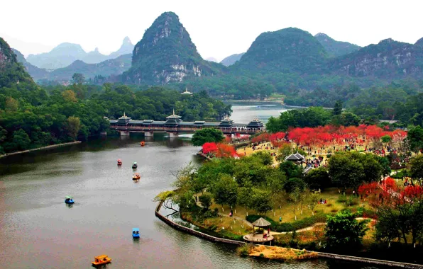 Bridge, the city, Park, river, China, the mountains of Guilin