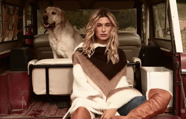 Auto, look, girl, pose, model, dog, Hailey Baldwin