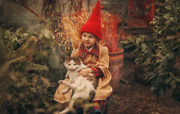 Cat, cat, mood, girl, braids, dwarf, cap, Julia Bugaeva