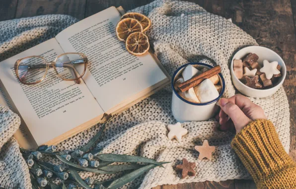 Coffee, hand, glasses, cinnamon, owner, page, marshmallows, knitted thing