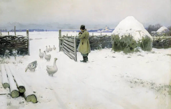Picture winter, snow, oil, hay, geese, 1897, Snow fell, Michael GERMASHEV (1868-1930)