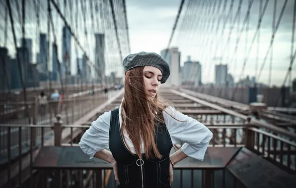 Bridge, pose, hair, New York, Brooklyn bridge, takes, bokeh, Natalia Ostrofsky