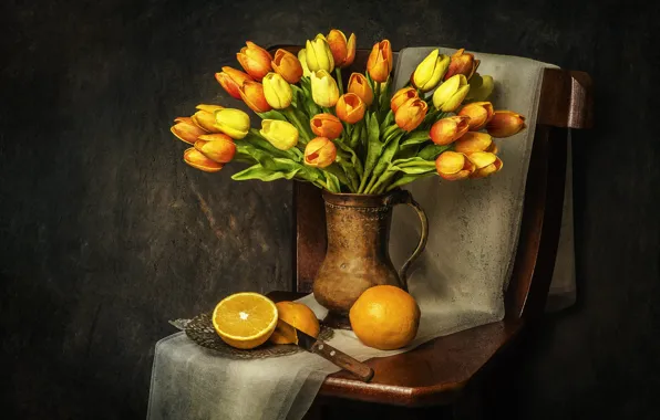 Bouquet, oranges, chair, tulips, still life