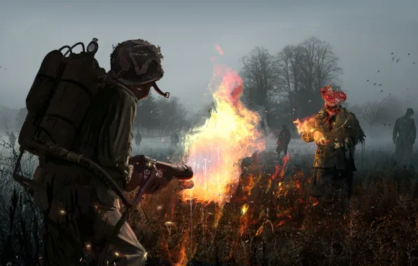 Field, death, fire, soldiers, helmet, flamethrower